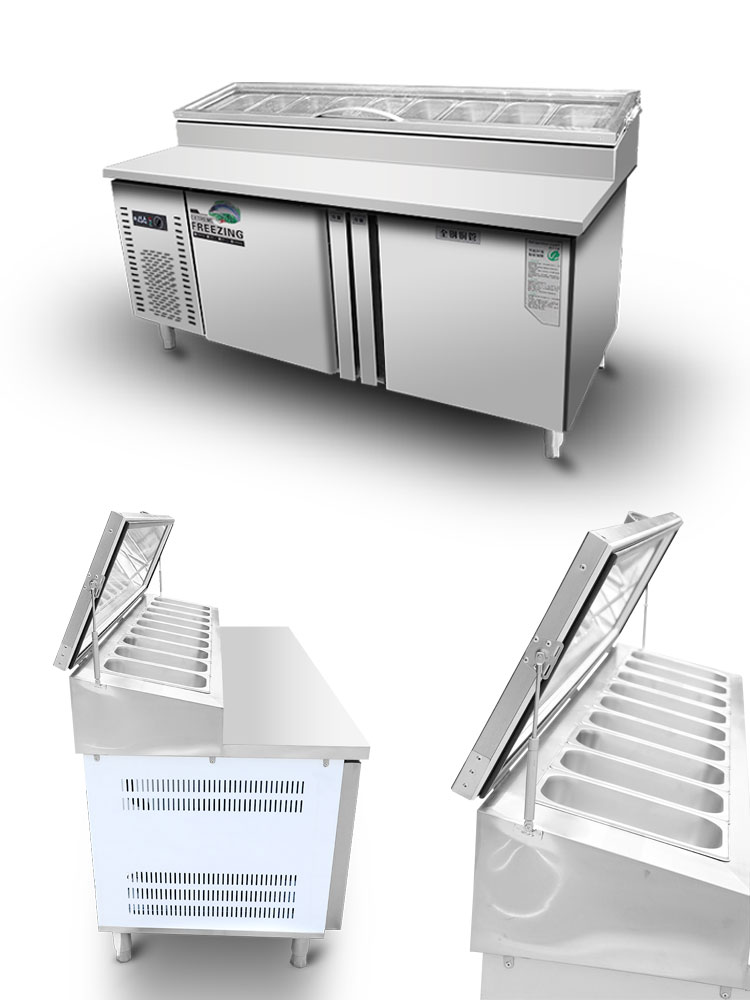 Stainless Steel Refrigeration Equipment Slotted Pizza Spreading Table with Small Seasoning Boxes